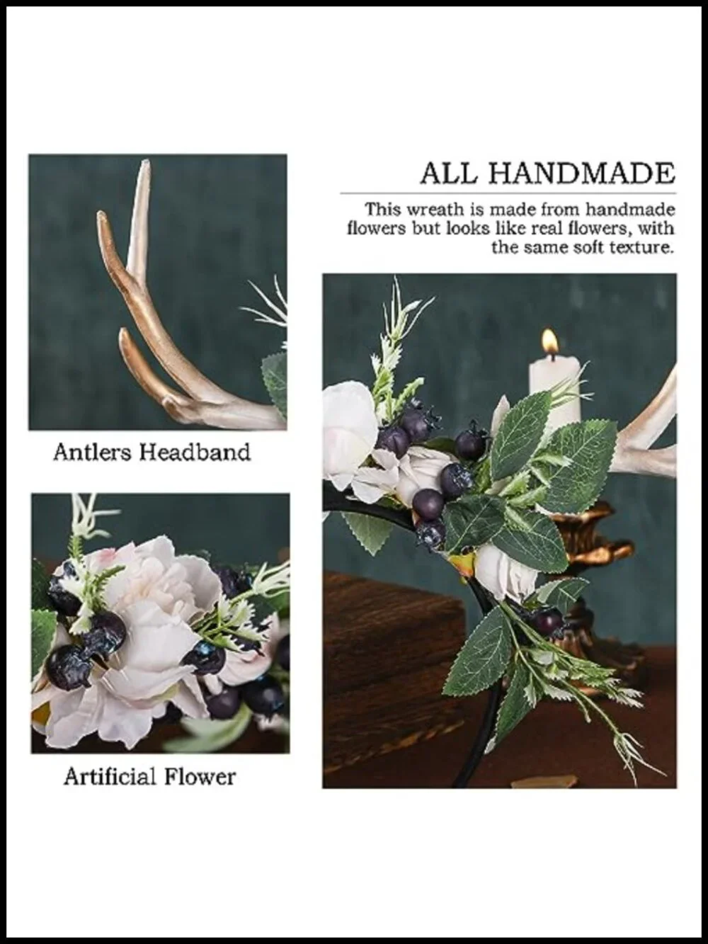 Handmade Deer Horns Headband with Flowers and Berries for Halloween Cosplay Prom